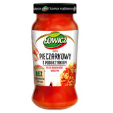 A 500g jar of Lowicz Mushroom Bay Bolete sauce features Polish text on the label and highlights that it contains no preservatives or guar gum.
